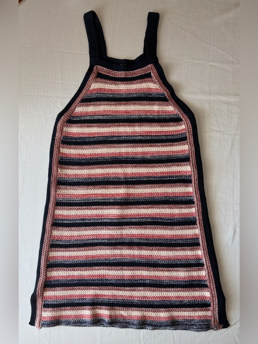 Free People Striped Crochet Knit A-Line Tank Dress in Orange, Black & Cream Sz M
